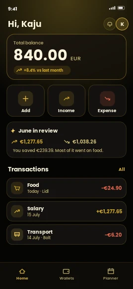 Kroku Home screen in the gold Luxe Noir premium theme