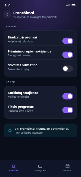 Kroku pranešimų nustatymai su jungikliais tikslams, mokėjimams, savaitės ataskaitoms ir biudžeto įspėjimams