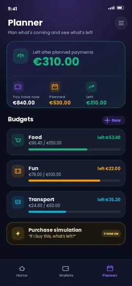 Kroku Planner screen showing the month outlook and category budgets